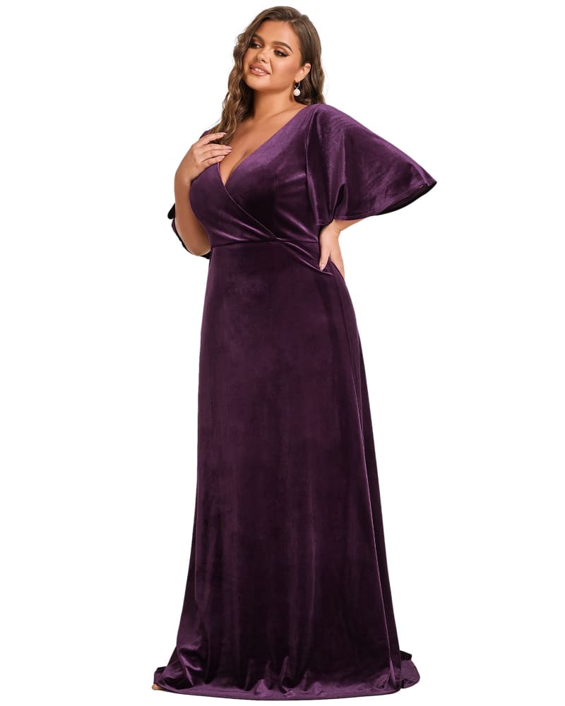Front of a model wearing a size 20 Elegant Double V Neck Velvet Party Dress with Sleeves in Dark Purple by Ever-Pretty. | dia_product_style_image_id:327871